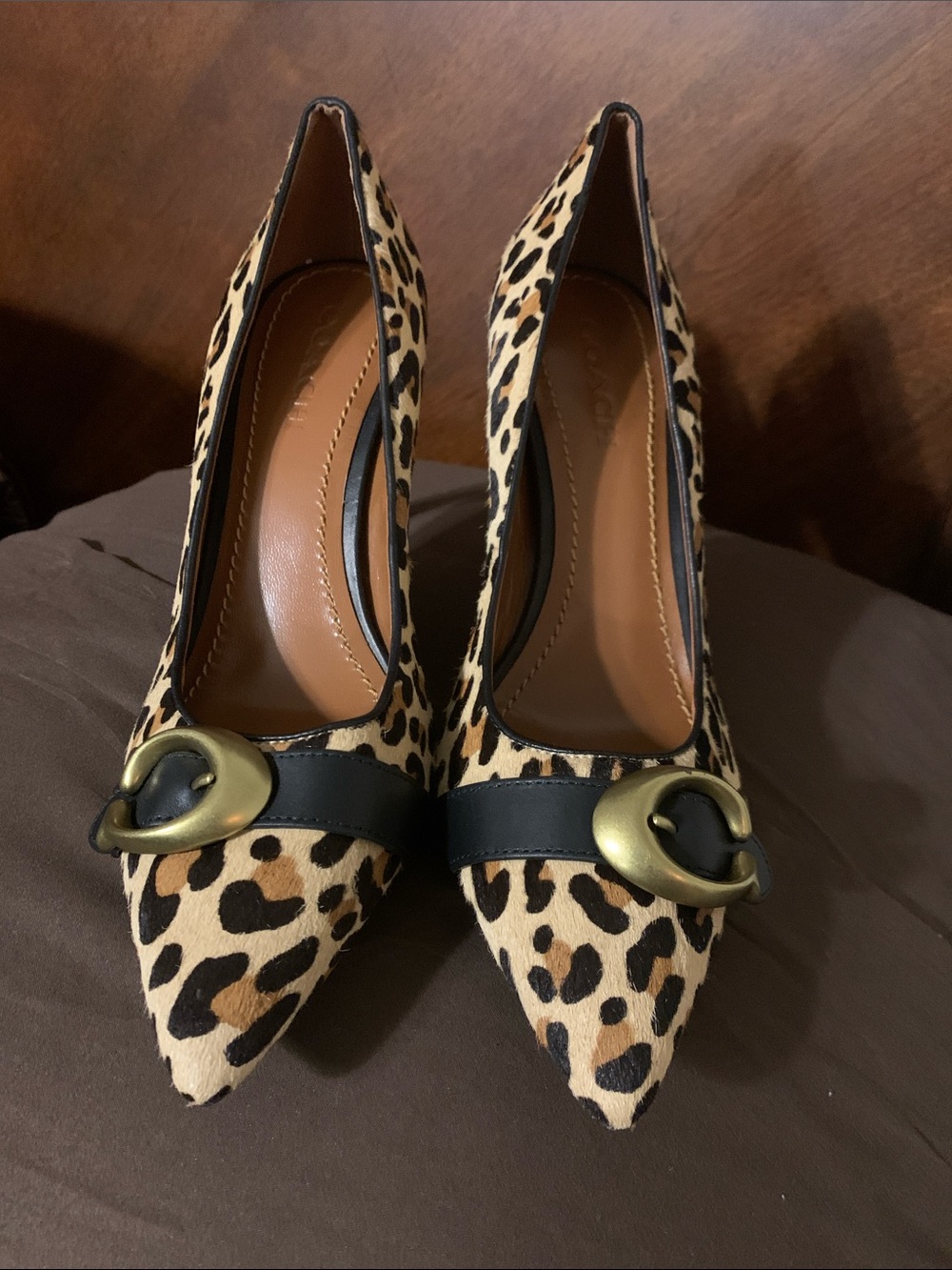Coach Leopard-Print Pointed Pumps with Black Strap and Gold Buckle